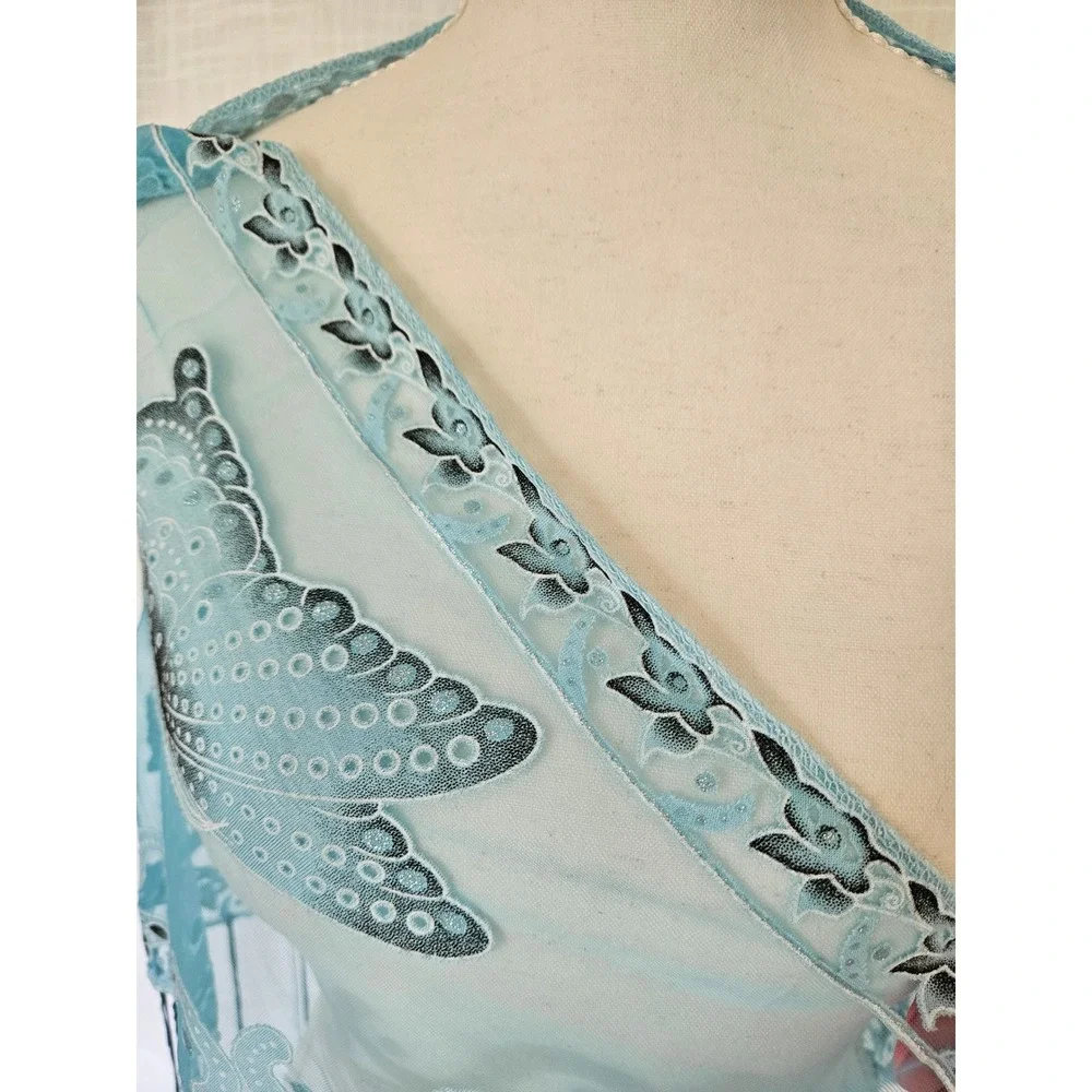 Butterfly Mesh Shawl Womens Scarf Blue Teal Fringe Boho Festival Sheer Fairycore